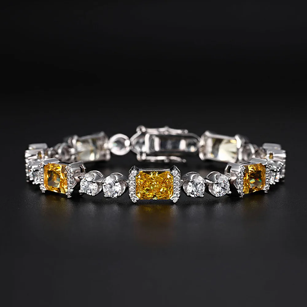 S925 Silver Bracelet Ice Cut 6 * 8 Yellow Diamond Inlaid Group Set with Full Diamond, Simple and Elegant Style Bracelet Jewelry