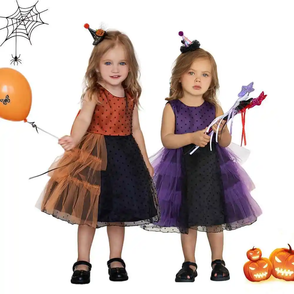 فستان جديد للفتيات بتصميم منقط وألوان متباينة مع تنورة منفوشة من التول لعيد الهالوين، زي أداء للأطفال، ملابس تقليدية عرقية لل...
