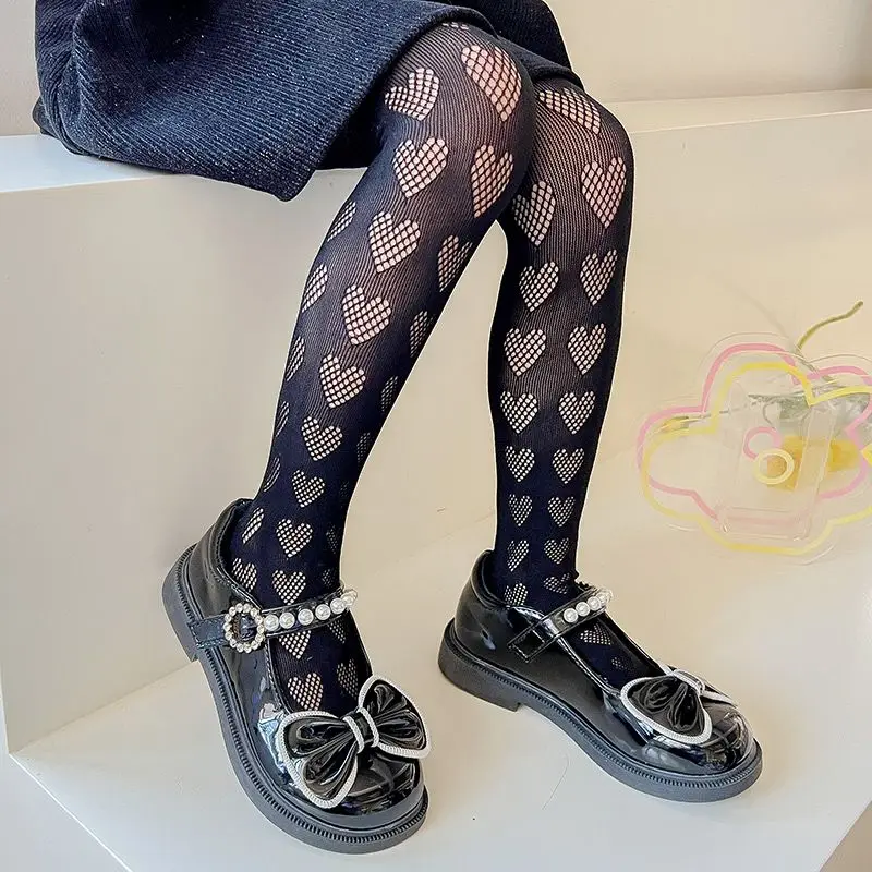 

Lolita Girls' Pantyhose Spring Summer Thin Hollow Heart Pattern Tights Sweet Vertical Love Mesh High Stockings Baby JK Leggings