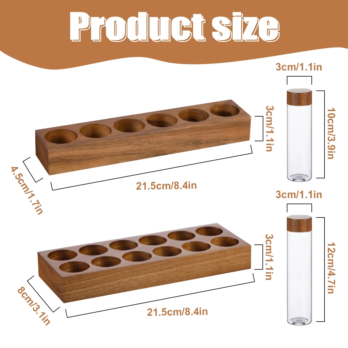 Leeseph Single Dose Coffee Bean Storage Tubes with Walnut Wood Display Stand and Funnel, Dosing Glass Vials with Lids, Best Gift