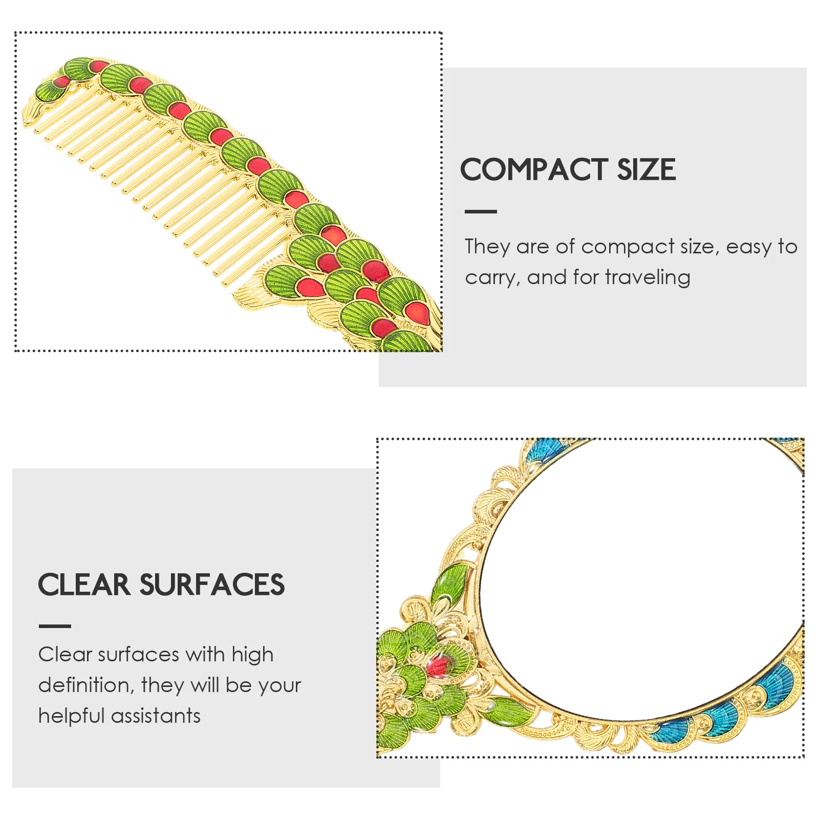 2-delige mini draagbare vintage make-upspiegel en kamset Handheld compacte make-upspiegel High Definition Gift