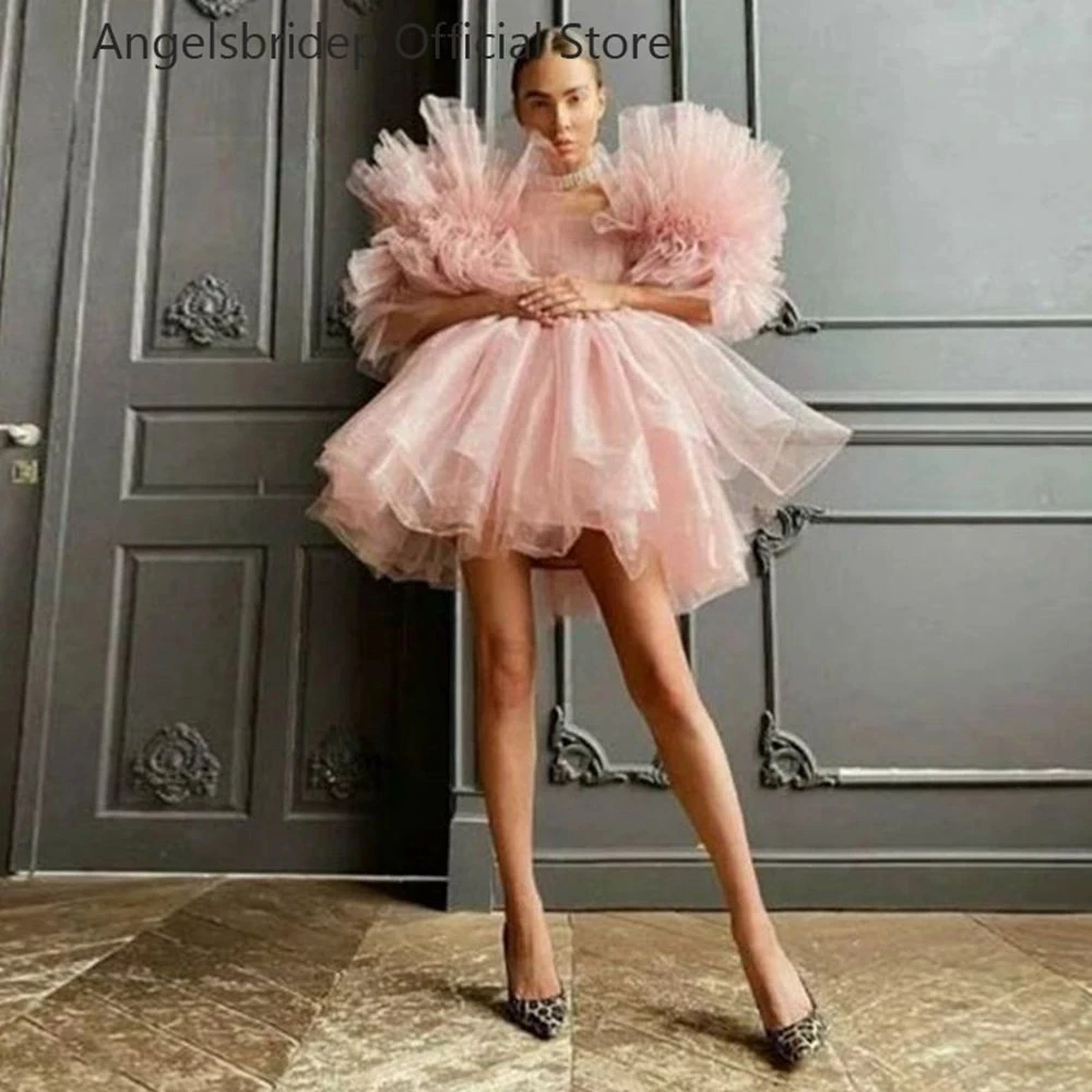 

Angelsbridep Short Pink Prom Dresses Ruffles Puff Sleeves A-Line Mini Evening Gowns Tulle Celebrity Party Dresses Robe De Soirée