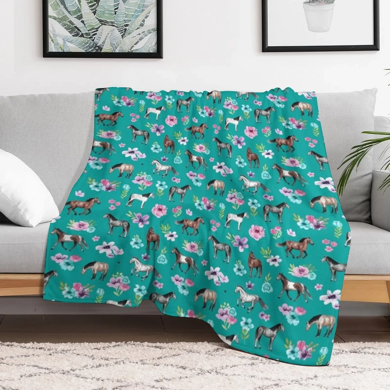 Horses and Flowers on Teal, Turquoise Horse Print, Horse Art, Cowgirl Throw Blanket Travel Size Cozy Blanket for Plane Train