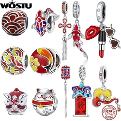 WOSTU 925 Sterling Silver New Year Carp Septal Charm Red Lantern Lion Dance Hanging Bead Fit Original Bracelet DIY Lucky Gift