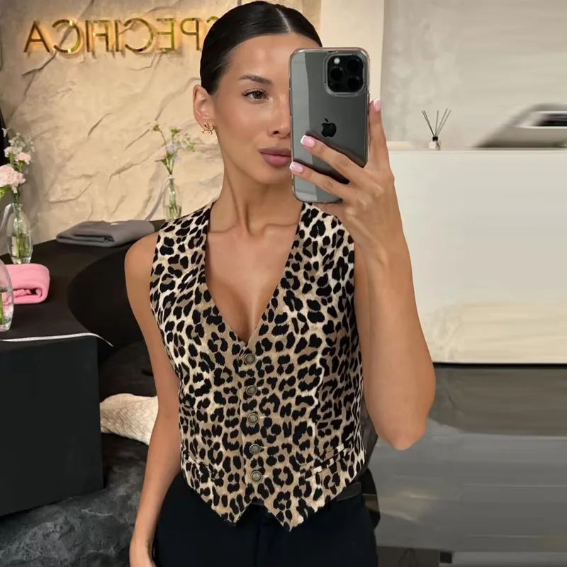 

HXAOLeopard Cropped Women's Vest Off Shoulder V-Neck Vests For Women Summer 2024 Lady Vests Sleeveless Cardigan Waistcoat Women
