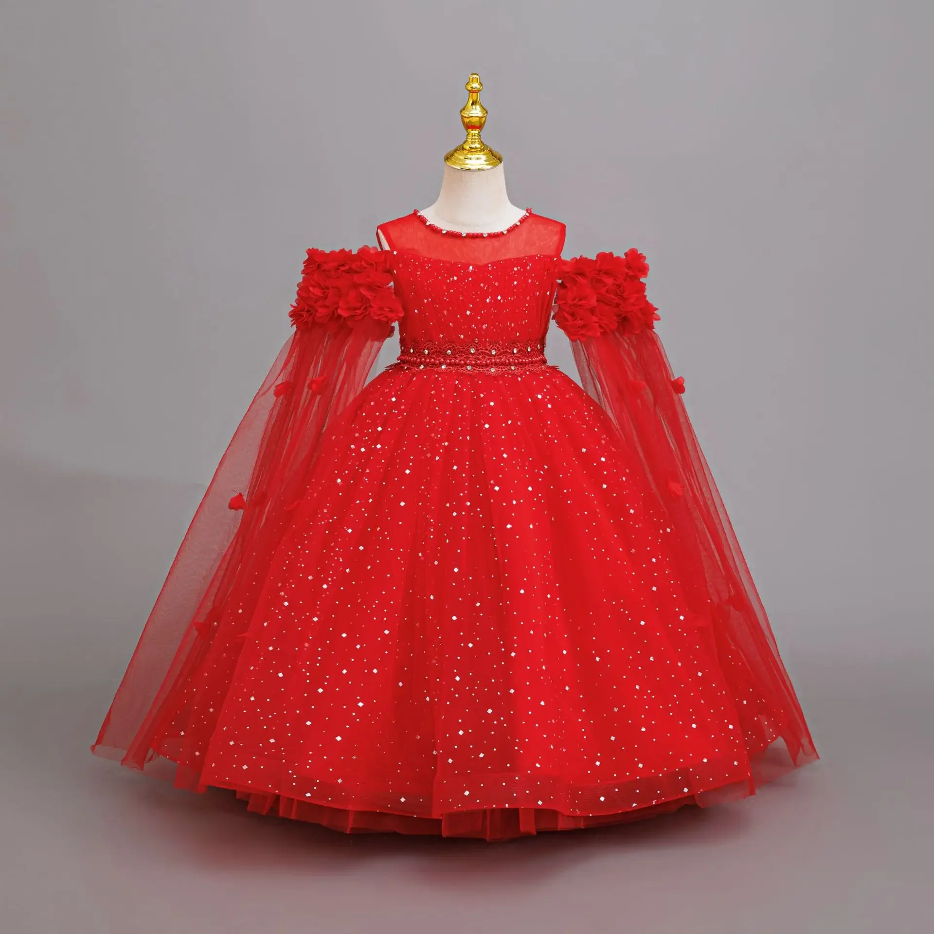 Kids Dresses Beading Flower Girls Festive Elegant Princess Prom Ball Gown Dots Lace 4-12 Years