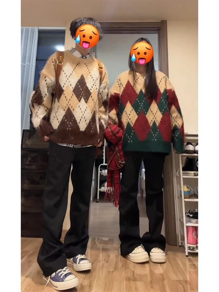 

Мужской свитер в американском ретро-стиле, свободный вязаный зимний свитер с ромбовидным узором, повседневная верхняя одежда для пар, с круглым вырезом