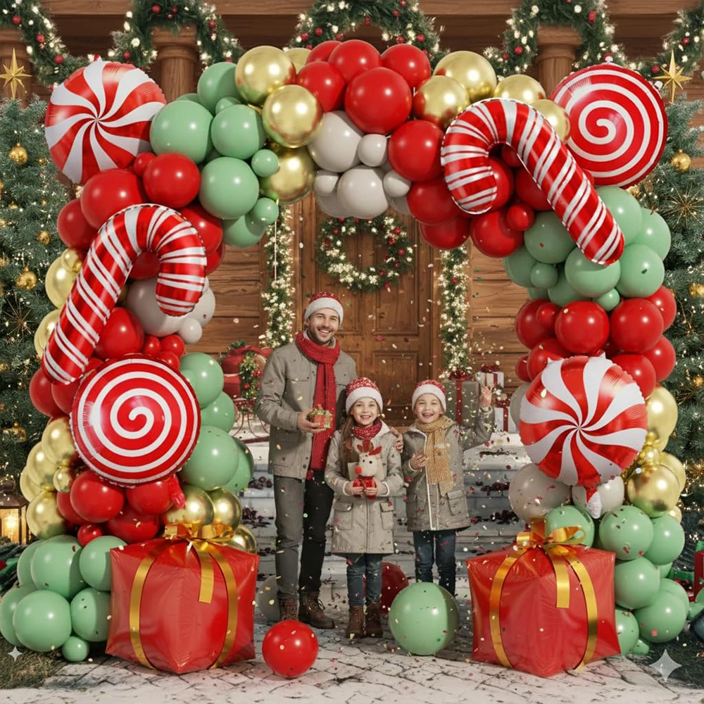 1 Set Kit Arco di Palloncini Natalizi Rosso Bianco Verde Ghirlanda di Palloncini Bastoncino di Zucchero Scatola Regalo Palloncini a Forma di Lampadina