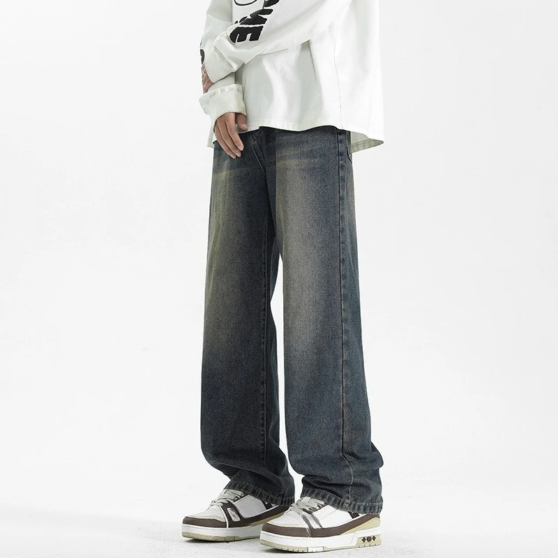 

Американский винтаж, новая мода 2025 года, мужские повседневные модные темно-синие широкие прямые свободные джинсовые брюки, мужская одежда, джинсы, брюки