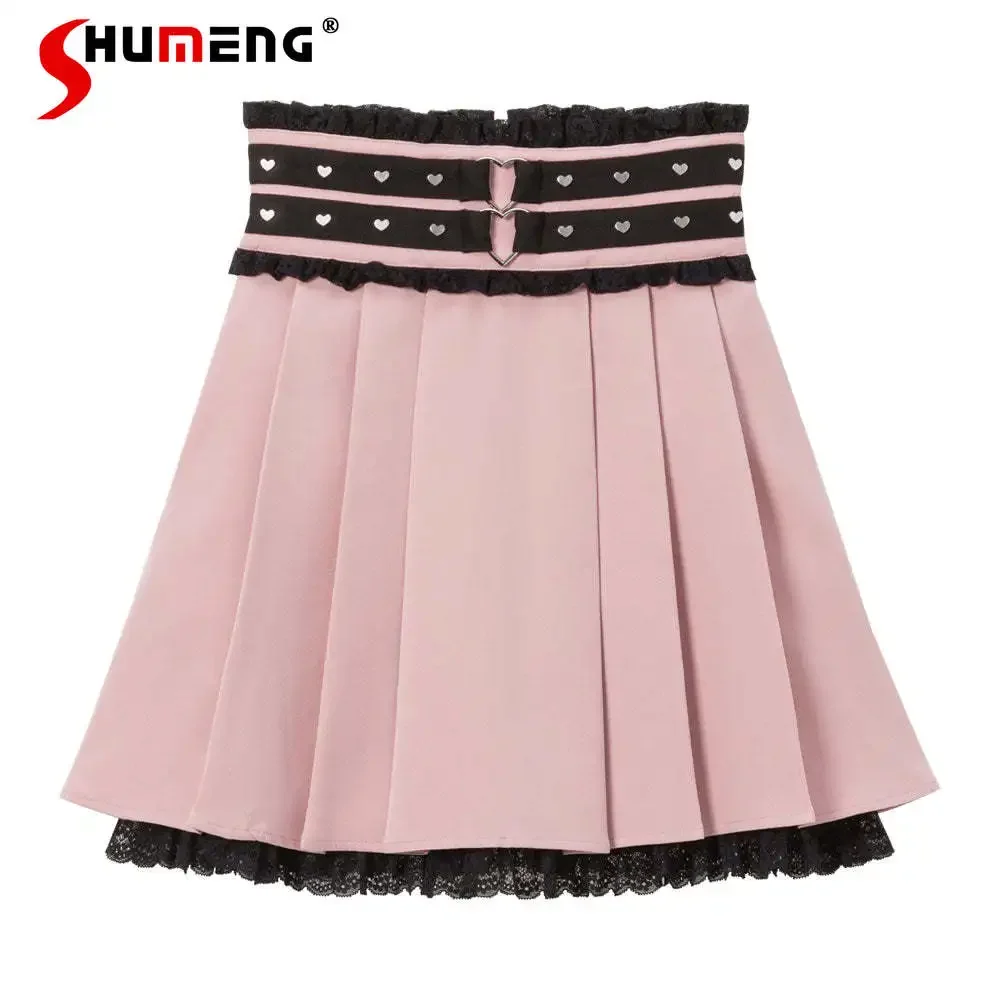 Japanese Lolita Sweet Short Skirt for Women 2024 Spring and Summer New Kawaii Cute Lace Edge Stitching Love Midi Skirt Female