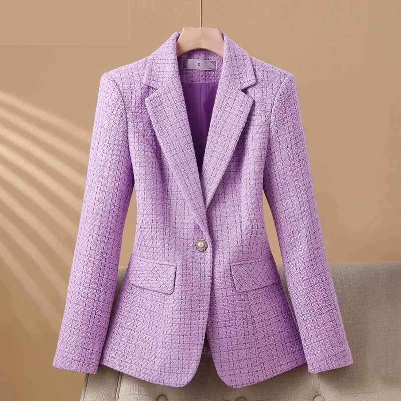 2024 New Fashion Women Formal Blazer Ladies Long Sleeve Work Wear Jacket Coat Autumn Winter Female Tweed Woolen Suit Outerwear