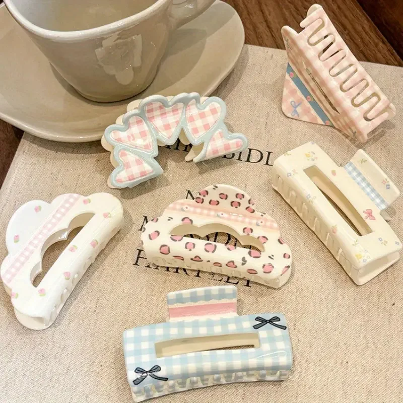 

Spring Summer Floral Plaid Bow Hair Claws Sweet Cute Back Head Bun Jaw Clips Strong Hold Vacation Ponytail Accessories