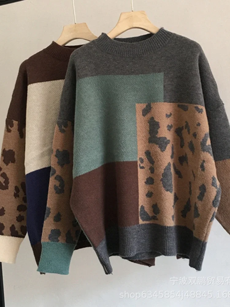 

Осенне-зимний свитер, женский леопардовый принт с круглым вырезом, повседневные женские свитера большого размера, вязаный мягкий толстый джемпер, женские пуловеры