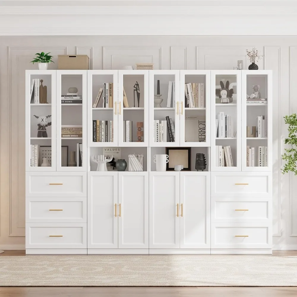 

modern glass-door display cabinet with drawers, 5-tier adjustable shelving unit for home storage and showcasing