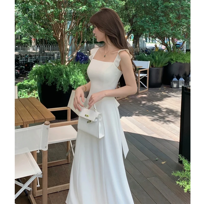 

New Summer Sling Solid Midi Dress for Women Flying Sleeve Square Neck Elegant Slim Waist Casual Holiday Party Fairy Dresses