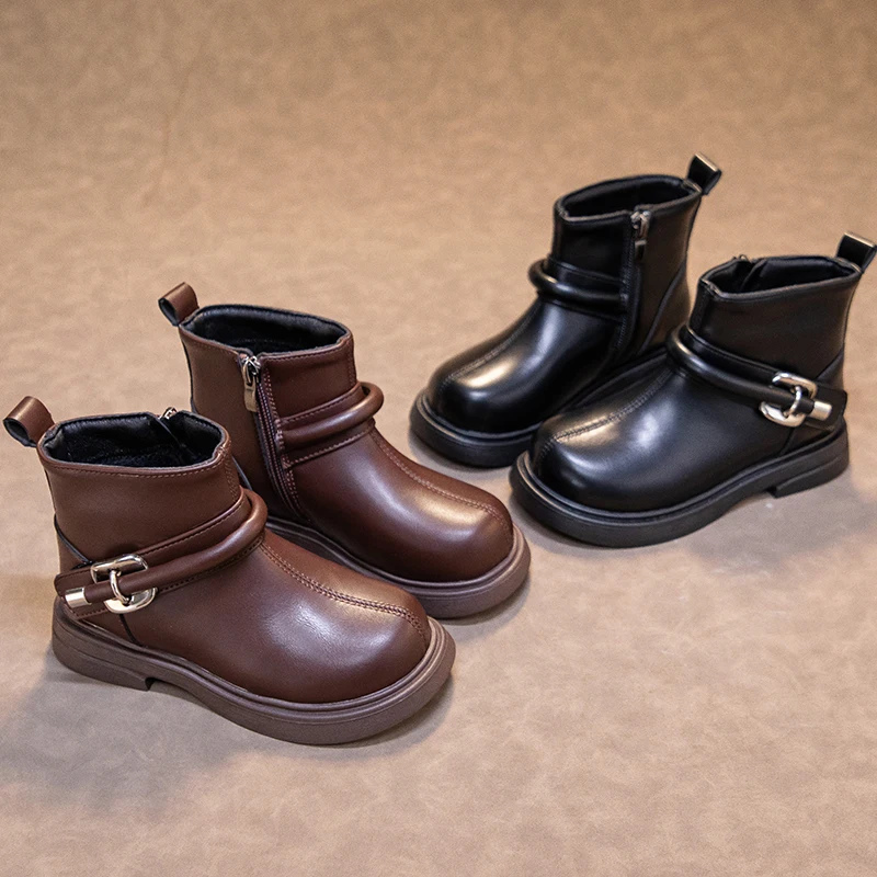 

Girls Short Boots British Style Children Plush Warm Ankle Boots Side Zipper Winter Kids Fashion Leather Boots Size 26-37