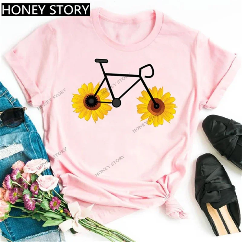 Grappige Bloem Fiets Vrouwen T-Shirt Fiets Print Vintage Esthetische Kleding Grafische T-Shirts Y 2K Tops Harajuku Oversized T-Shirt