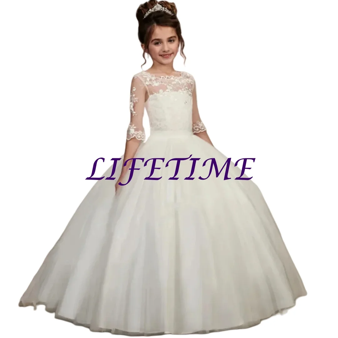 فساتين فتاة الزهور العاجية المخصصة المخصصة لحفلات الزفاف نصف كم أنيقة لوصيفة العروس الأميرة الأولى بالتواصل P