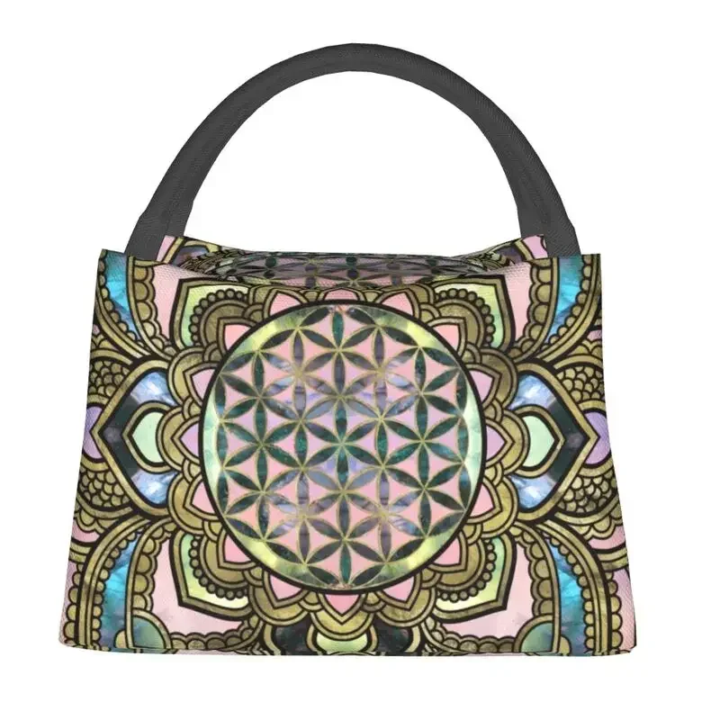 Mandala Spiritual Flower of Life in Lotus Insulated Lunch Bags for Women Portable Sacred Geometry Meditation Thermal Lunch Tote