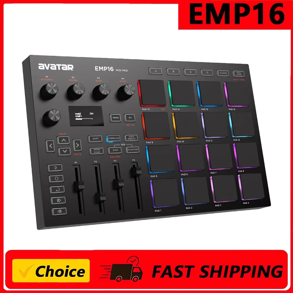 EMP16 MIDI Pad Controller Beat Maker Machine with Bluetooth, 16 RGB Velocity Sensitive Beat Pads, 16 Level, Full/Half Level, OLE