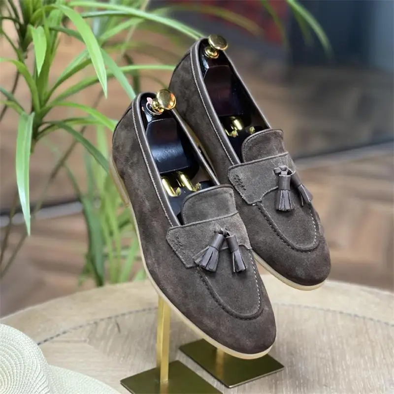 Men Loafers Suede Solid Color Square Toe Low Heel Mask Tassel Classic Fashion Business Casual Retro Dress Shoes