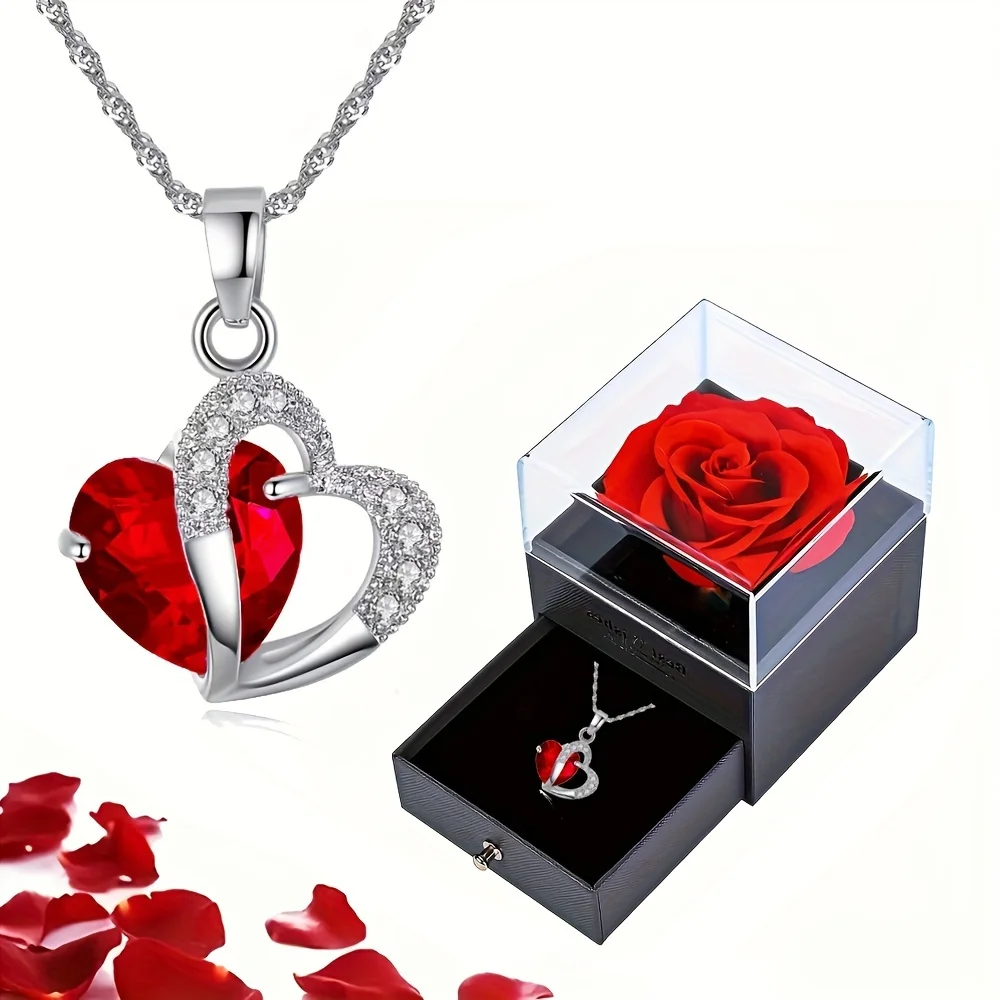 Heart Zircon Necklace Pendant With Roses Flower Box Gift For Mother's Day 2024 New Luxury Romantic Jewelry Christmas Gift