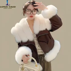 Women's Winter Faux Fur Coats,Spliced Jacket,Female Loose Thicken Warm Clothes, High Quality, Fox Fur Collar,New,2024