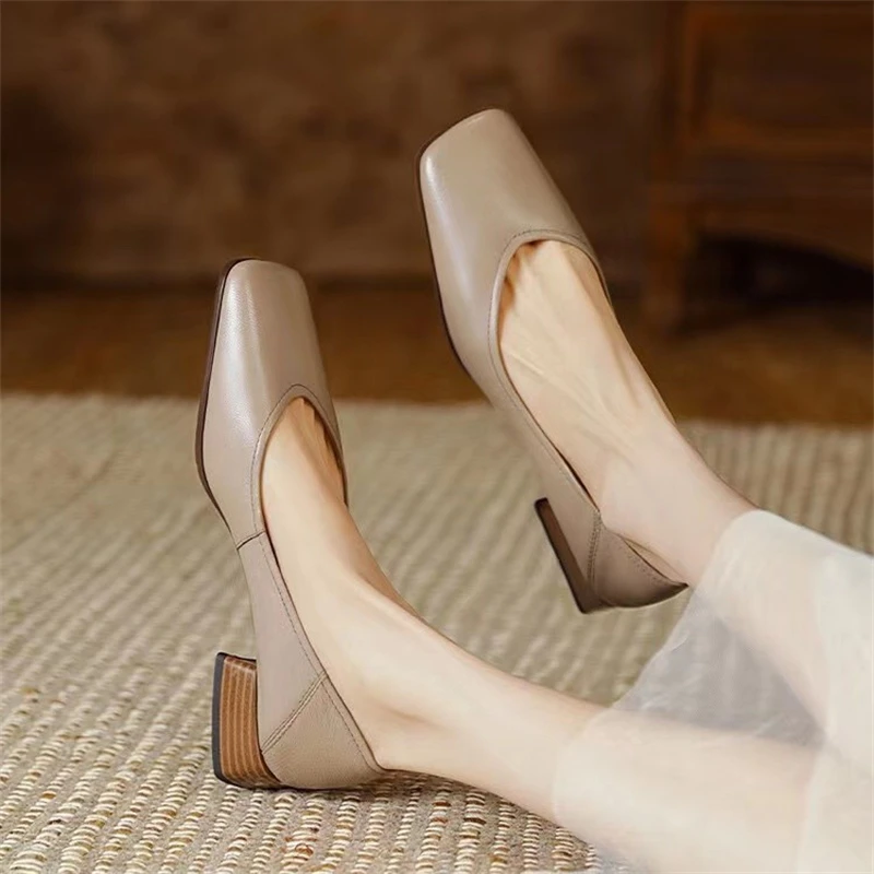 Autumn Woman Elegant Square Toe Concise Shoe 4CM High Heels Female Shallow Mouth Mary Jane Shoes Brown Women Comfortable Loafers