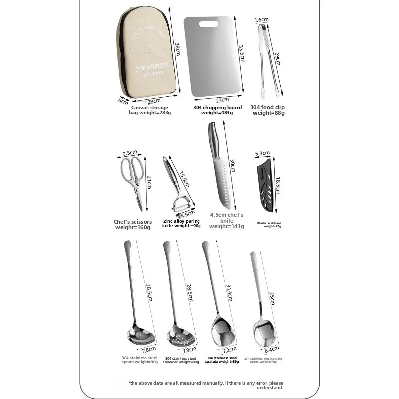 Outdoor kitchenware set, portable stainless steel camping knives cutting board self-driving barbecue tools, tableware car