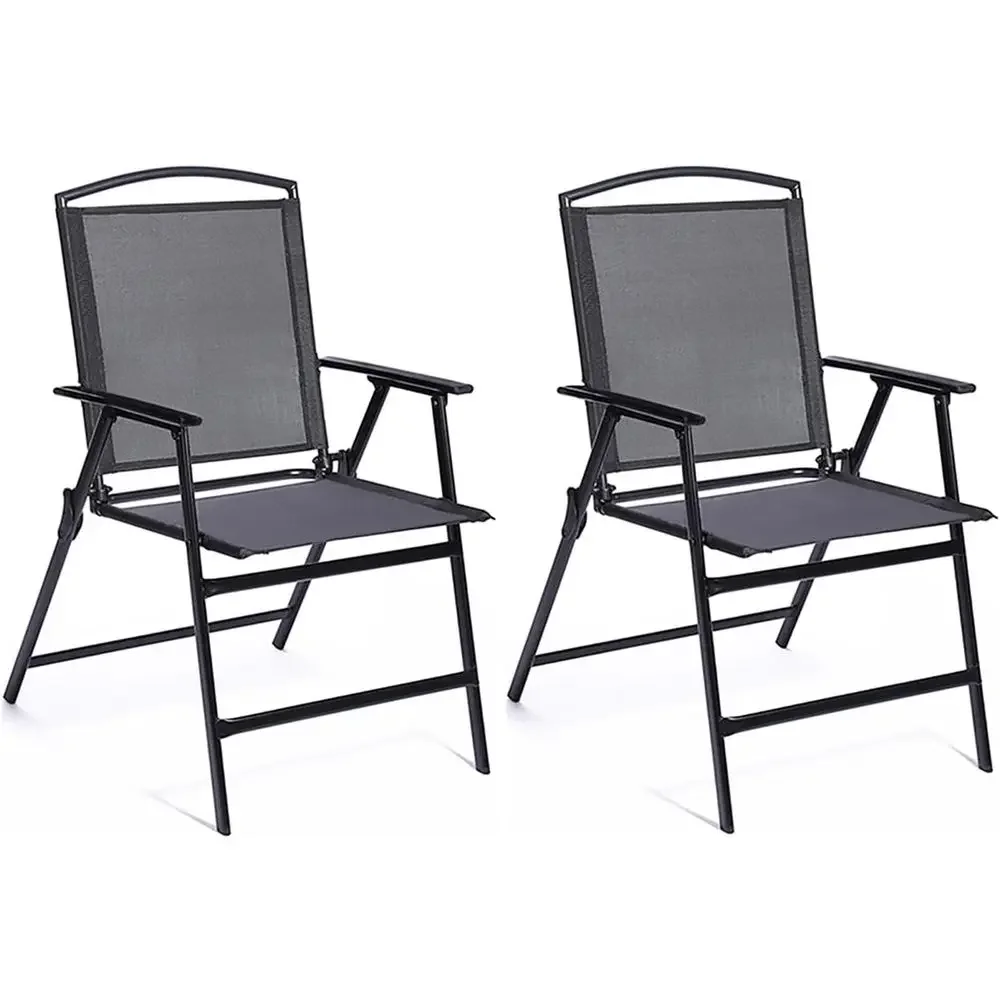 Black Portable Outdoor Patio Dining Sling Chairs Set of 2 with Armrests for Lawn, Garden, Balcony, Living Room Furniture
