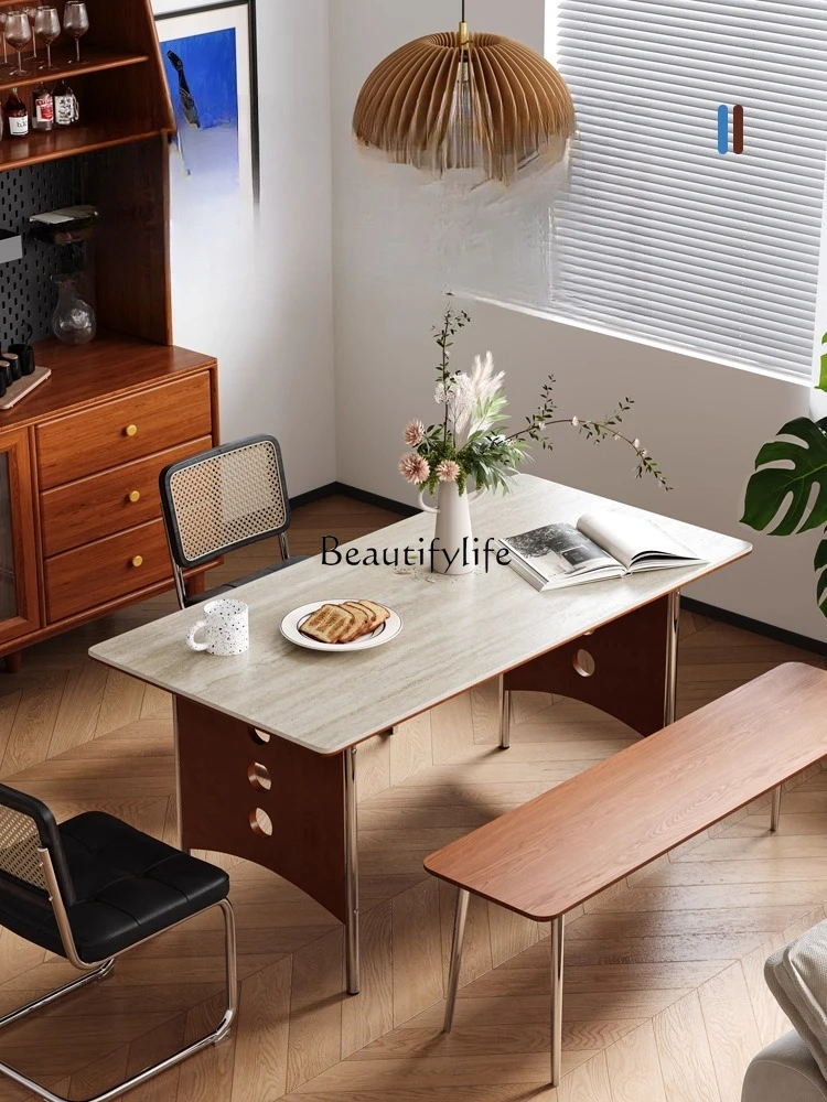 

Medieval small apartment light luxury high sense modern simple solid wood rock slab rectangular retro dining table