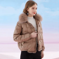 Abrigo de plumón de pato con cuello de piel de zorro Real para mujer, Parkas cortas y cálidas con botones, chaqueta acolchada informal, 2023, invierno, novedad de 90%