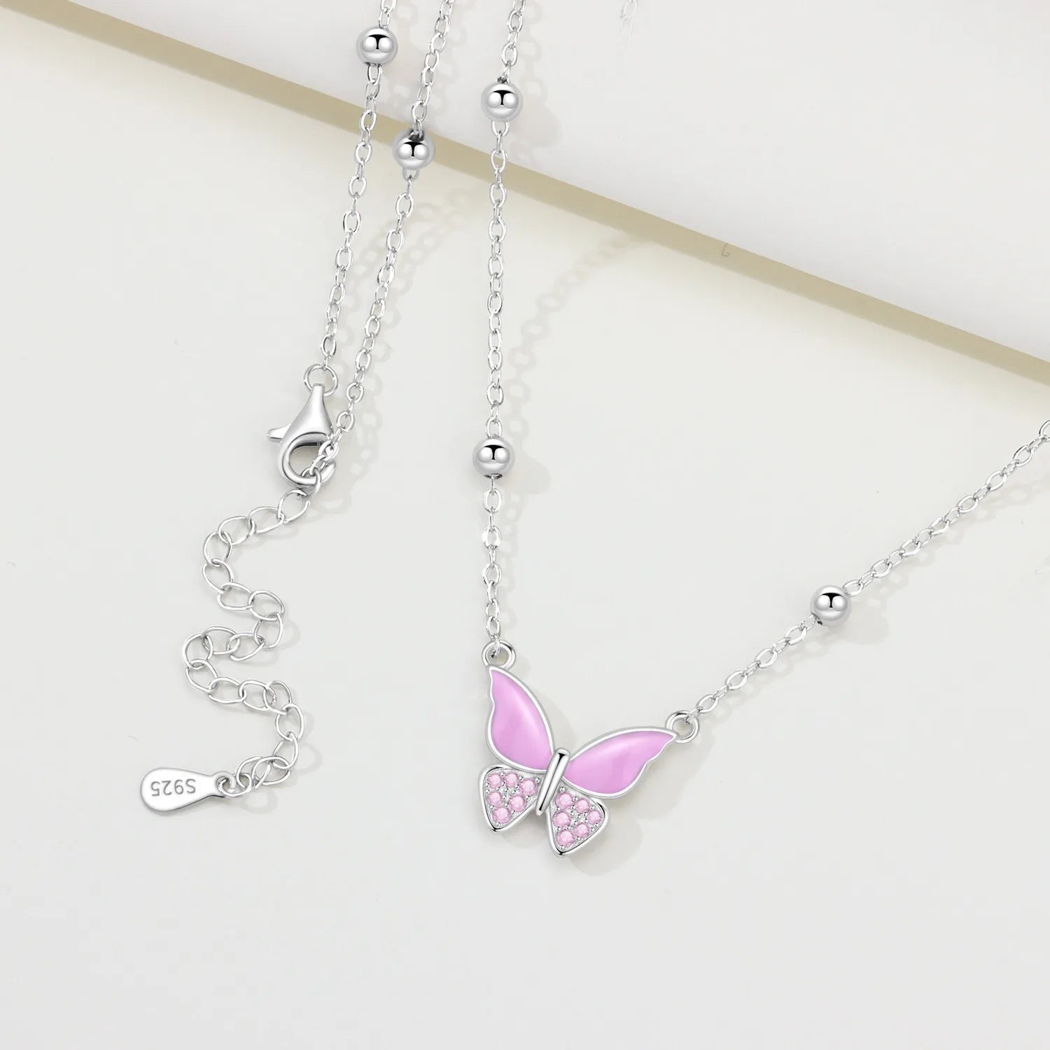 PANPOKI 925 Sterling Silver Pink Butterfly Insects Necklace Pendant Necklace for Women Birthday Gifts Fine Jewelry