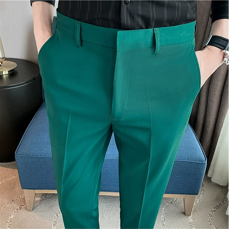 High Quality 9 Color Summer Fashion Mens Suit Pants Formal Business Slim Fit Solid Color Office Social Trousers Streetwear