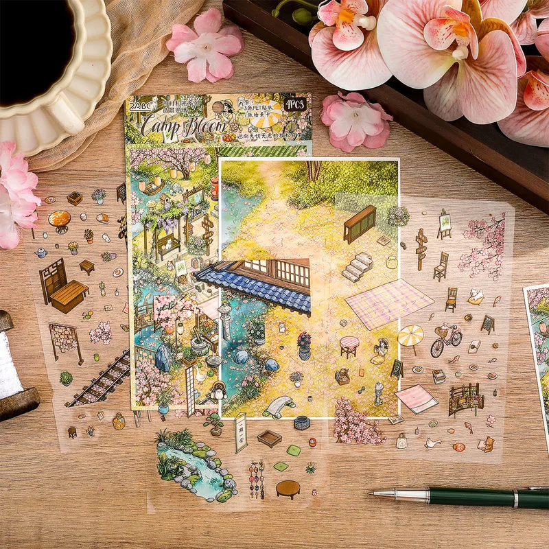 4Pcs Chinese Ancient Courtyard 3D Sticker Pack, Layered Garden Mini Scene for Scrapbook Layout Decor