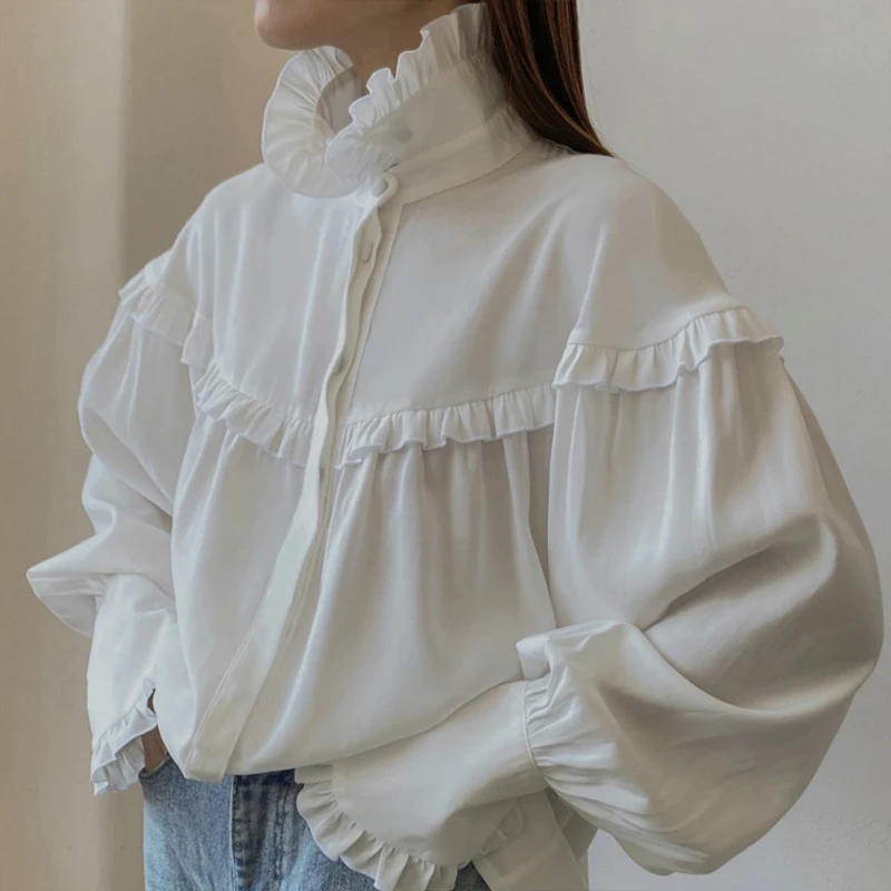 Fashion Women White Blouses Elegant Lapel Long Sleeve Office Lady Shirts Loose Ruffles Patchwork Tops Female Outfits Clothing