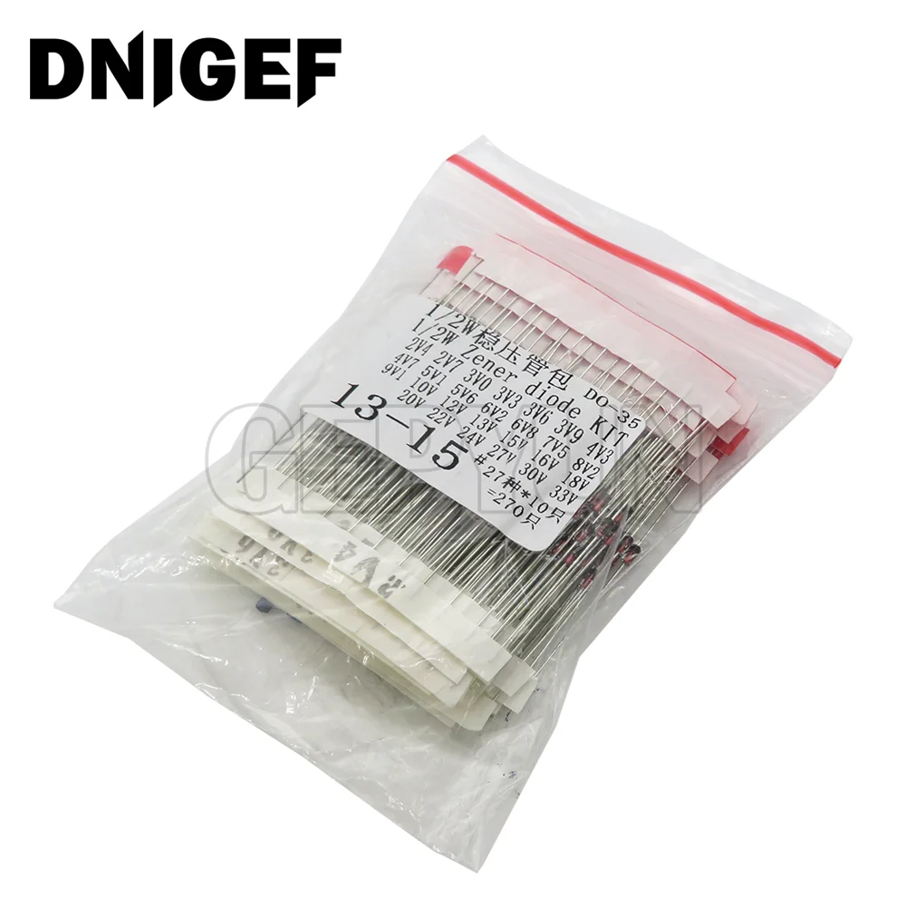 270pcs/lot 0.5W Zener Diode kit Assortment Set 1/2W 2V4-33V Zener Diode pack 12V 18V 5V1 5V6 3V3 3V6 4V3 4V7 6V2 6V8 7V5 20V 22V