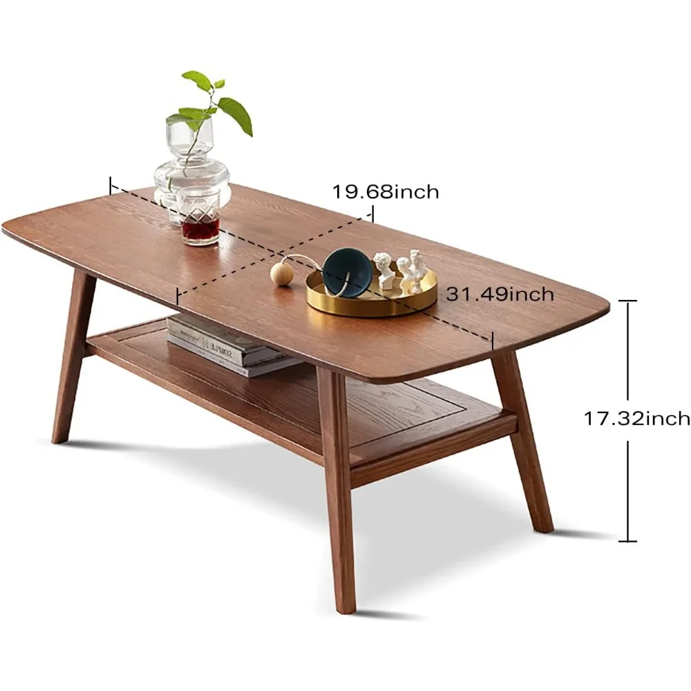 Rustic Farmhouse Style Oak Coffee Table with Storage and 2-Tier Shelf for Living Room