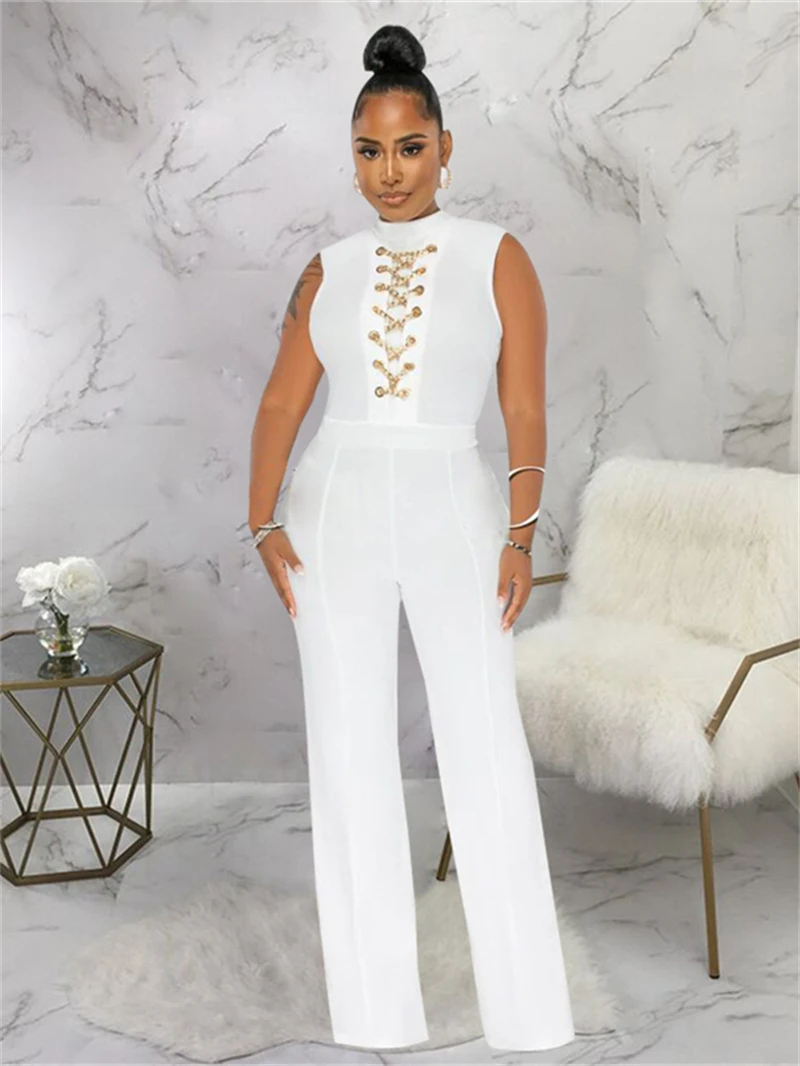 Jumpsuit Tanpa Lengan Pakaian Jalanan Pakaian Musim Panas Wanita 2025 Dekorasi Rantai Celana Kaki Lurus Romper Panjang Pakaian Terusan Satu Potong
