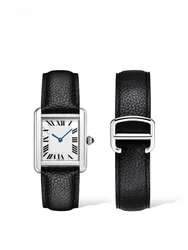 Solid Stainless Steel Fold Buckle 16 17 20 22 23mm Watchband for Cartier Tank London Lichee Pattern Genuine Leather Watch Strap