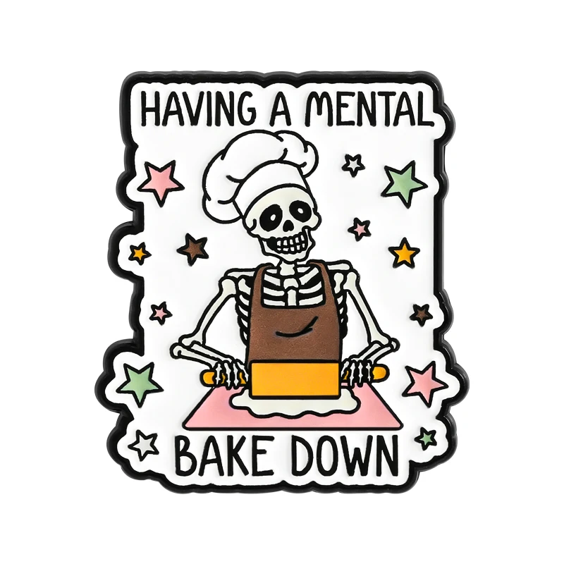 

Having A Mental Bake Down Skeleton Chef Brooch Enamel Pins Punk Skeleton Kneading Dough Brooches Bag Lapel Badge Jewelry Gifts
