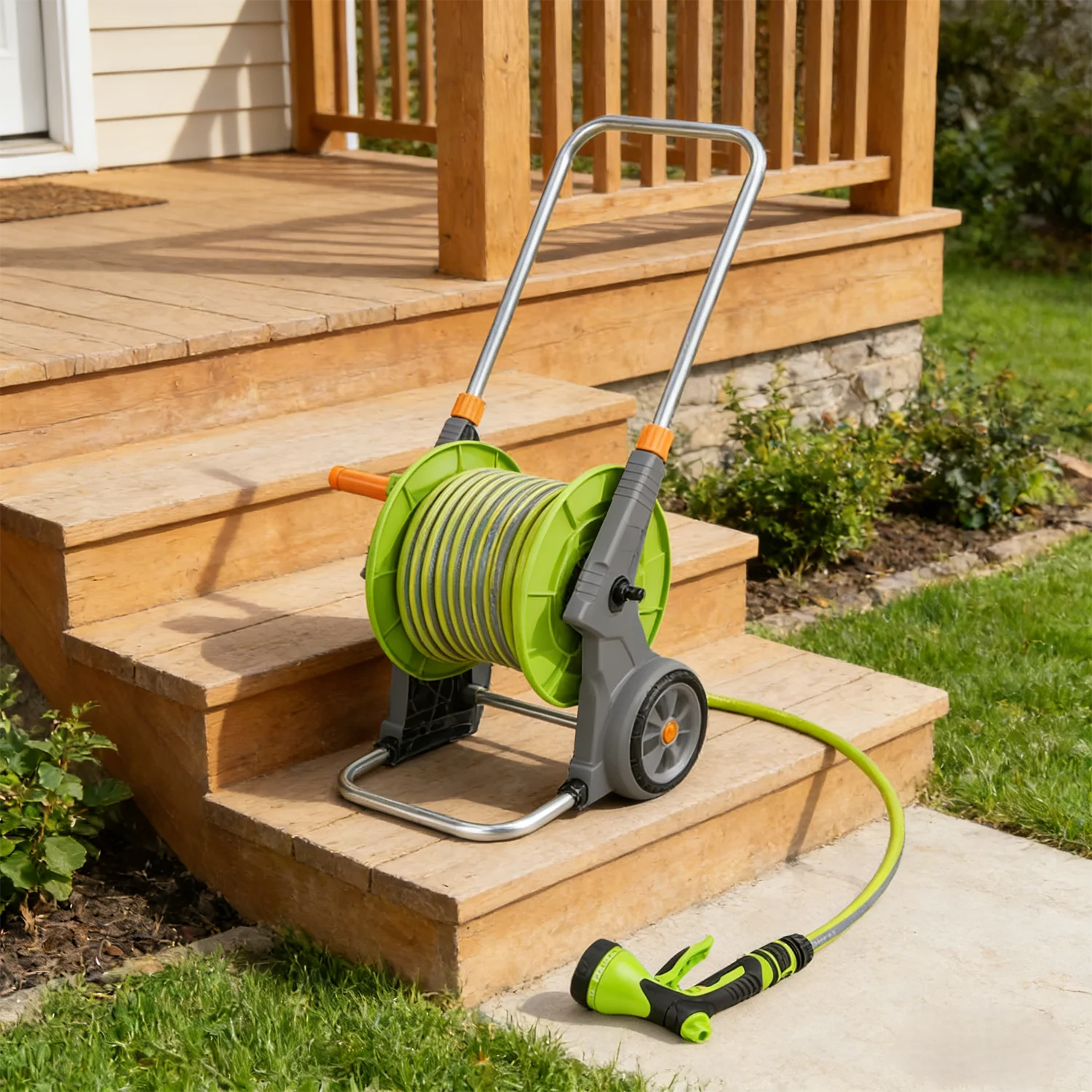2 in 1 Hose Reel Cart Irrigation System Outdoor Lawn Backyard Storage Rack Wheeled Water Hose Reel for Car Pet Washing