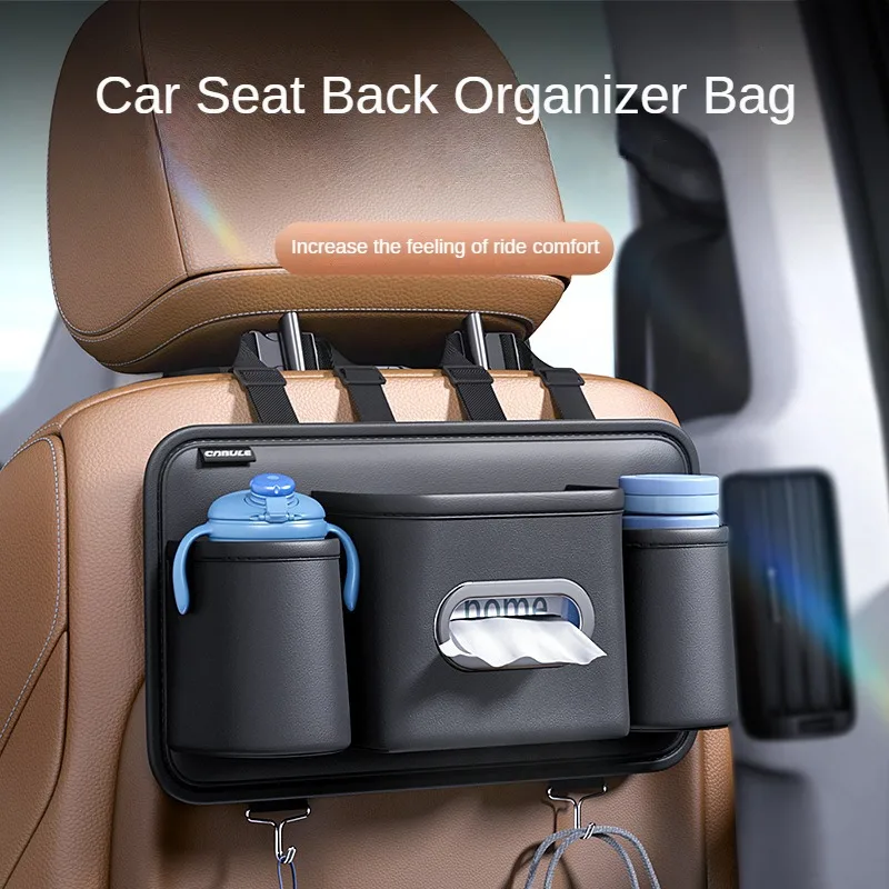 

Car Seat Back Organizer Bag with Cup Holder and Tissue Box PU Leather Storage Organizer Auto Seat Interior Accessories