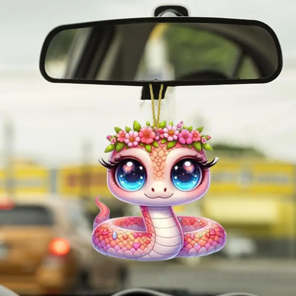 Pink Flower Snake Pendant Acrylic Christmas Tree Hanging Car Decoration Snake Lover Xmas Gift For Car Rearview Mirrors Windows