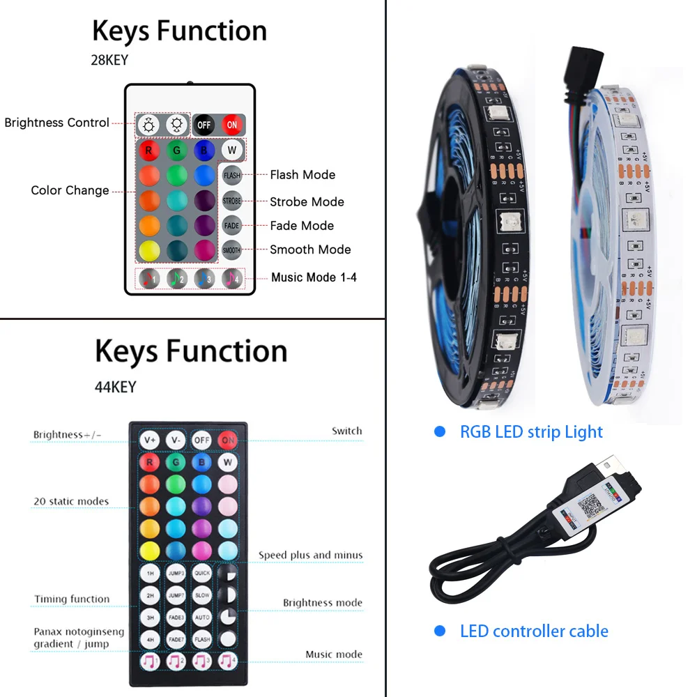 New 5V RGB LED Strip Light USB Power 28key 44key Kit Bluetooth-compatible Remote Control Voice Activated Flex Tape 5050 30LED/m