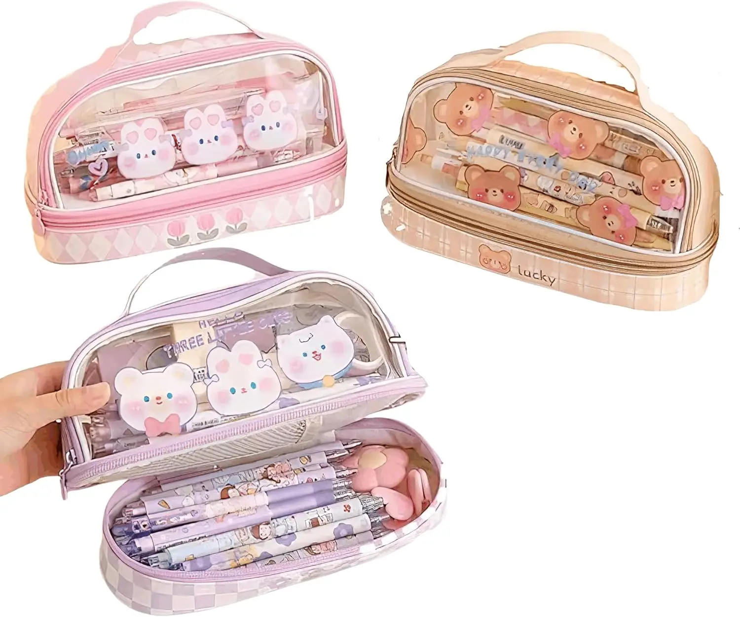Kawaii Aesthetic Cute Pencil Case Bag Large Storage High Capacity Stationery with 2 Compartments Pouch Box Holder Organizer