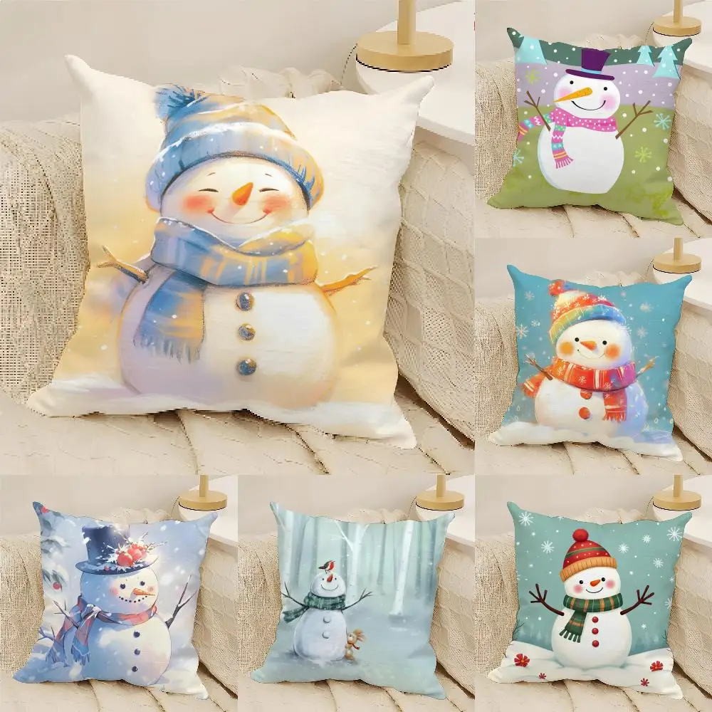 Cute Winter Snowman Cushion Cover Natural Linen Organic Fabric Double-Sided Printing Sofa Home Decor Gift Pillow Cover