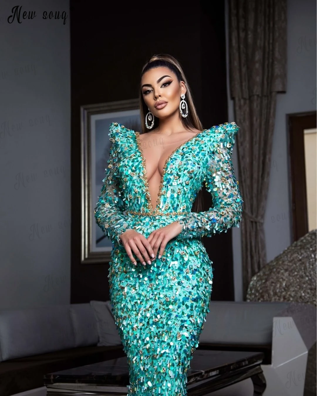 Fashion Turquoise Mermaid Formal Evening Dress Dubai Luxury Sequins Long Celebrity Dresses Plunging Neck  Robe Soirée Female