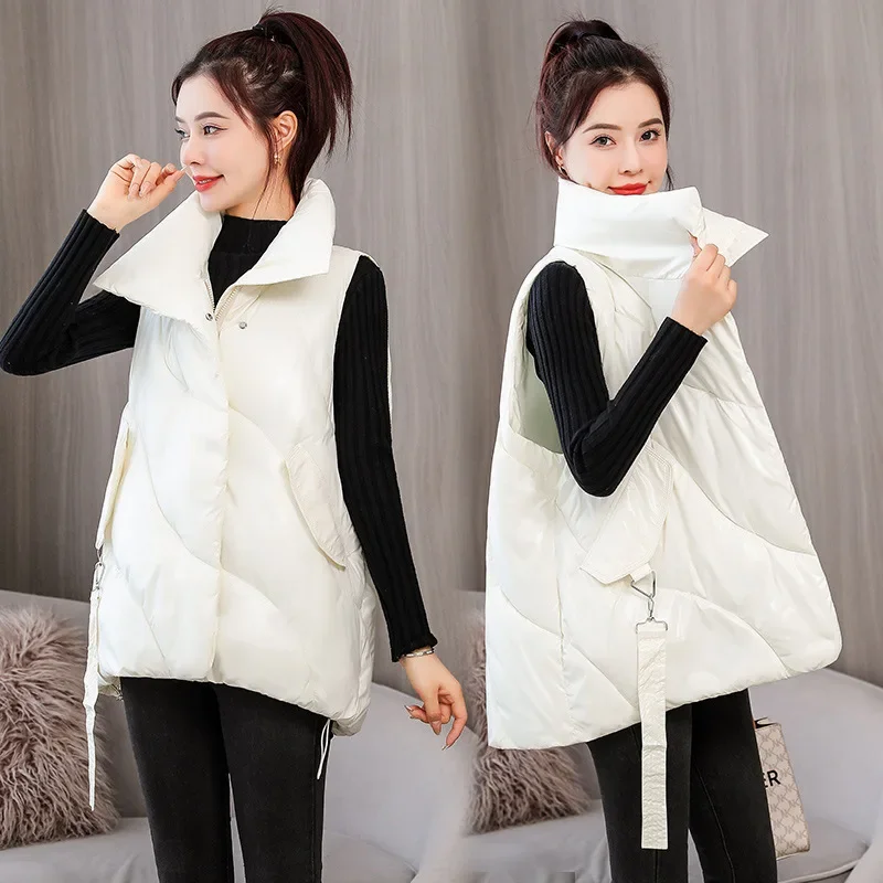

Casual Solid Warm Cotton Padded Vest Female Loose Short Waistcoat 2021 Women's Sleeveless Winter Jacket Glossy Stand Collar Coat