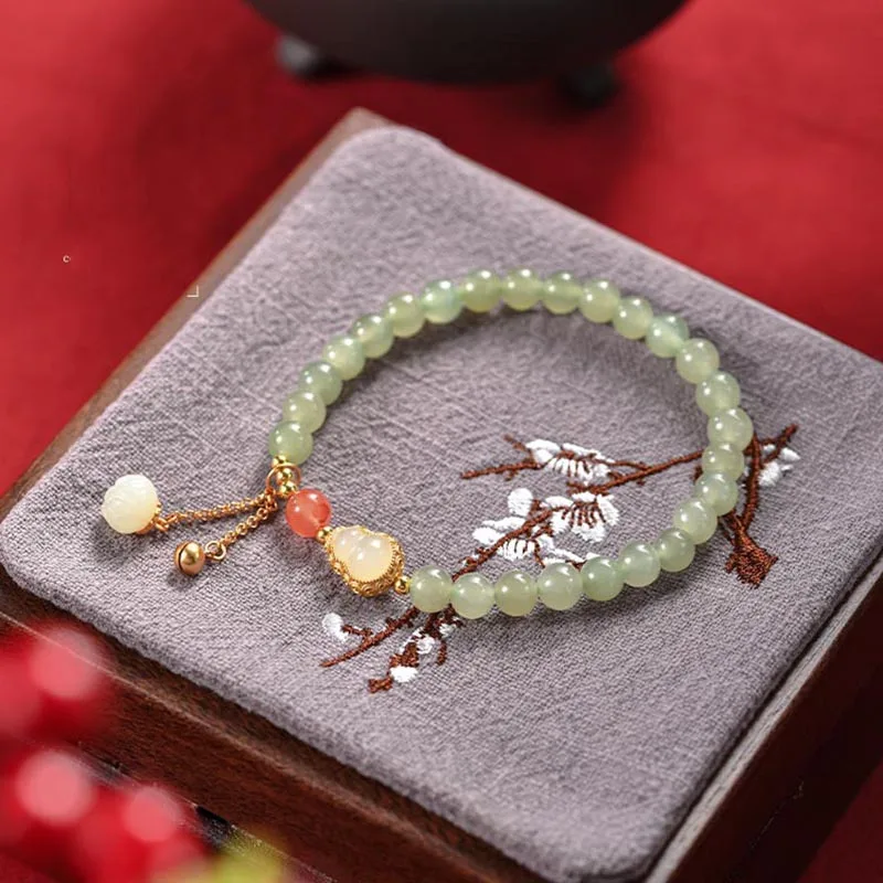 

Natural jade Gourd Tassel Strings Bracelet Pearl Handstring Round Beads Gift for Girlfriend Sterling Silver Hand Jewellery